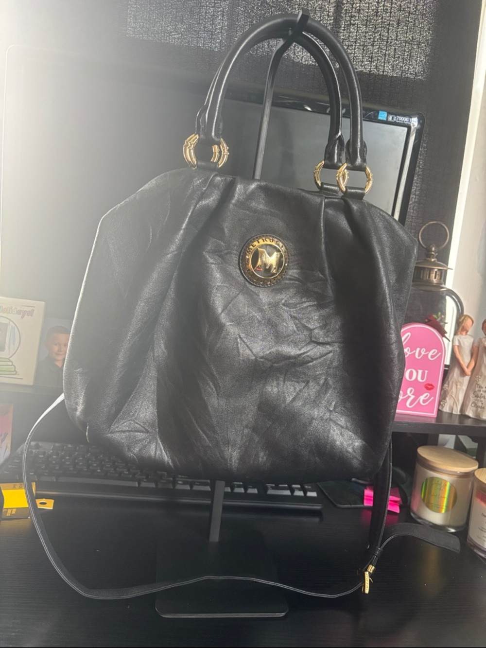 METROCITY Black Satchel Handbag with Gold Accent